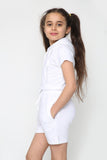 Harmony Girls Hooded Crop Top Kids Plain Summer Short Tracksuit Set Sage White