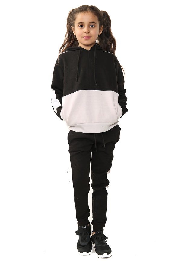 Phoebe Girls Contrast Panel Pull over Hooded Kids Full Tracksuit Black