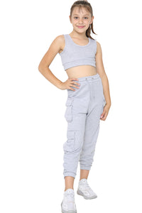 Dara Girls Cargo Jogger Crop Top Tracksuit Grey