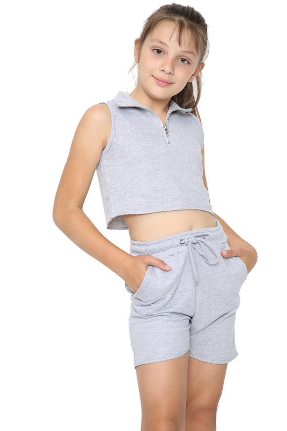 Marina Girls Zip Crop Top Summer Short Tracksuit Set Grey