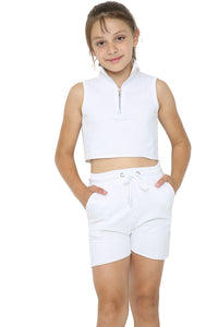 Marina Girls Zip Crop Top Summer Short Tracksuit Set Sage White