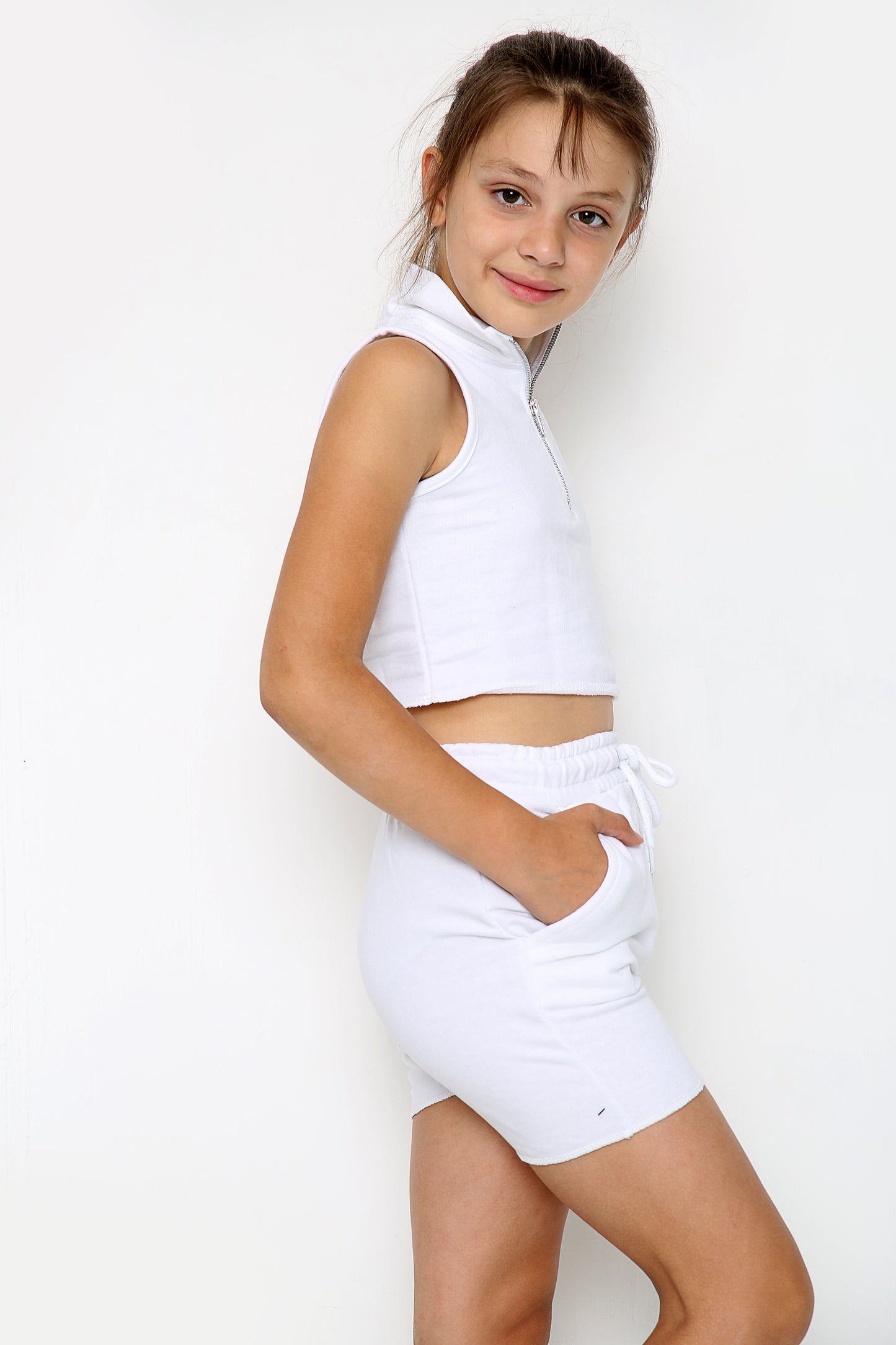 Marina Girls Zip Crop Top Summer Short Tracksuit Set Sage White