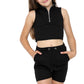 Marina Girls Zip Crop Top Summer Short Tracksuit Set Black