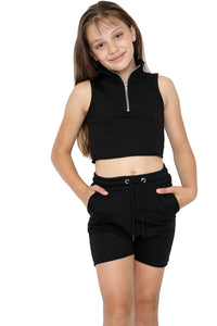 Marina Girls Zip Crop Top Summer Short Tracksuit Set Black