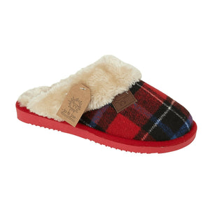 Shetland Ladies Tartan Print Fur Lined Collar Mules Shoes Slippers RED