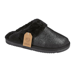 Sparkle Ladies Faux Fur Winter Warm Glittery Fleeced Lined Mule Slippers Black