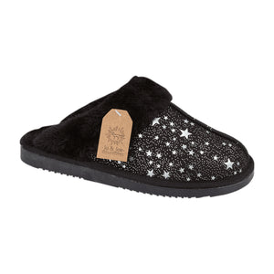 Tiggi Ladies Star Print Fleece Lined Mule Slippers Black