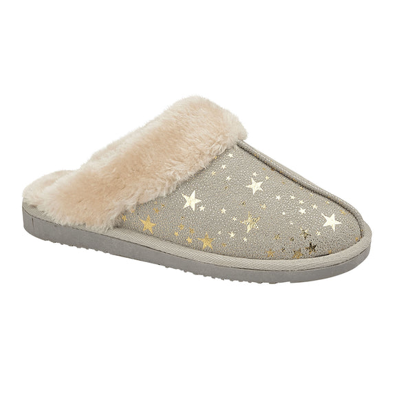 Tiggi Ladies Star Print Fleece Lined Mule Slippers Light Grey