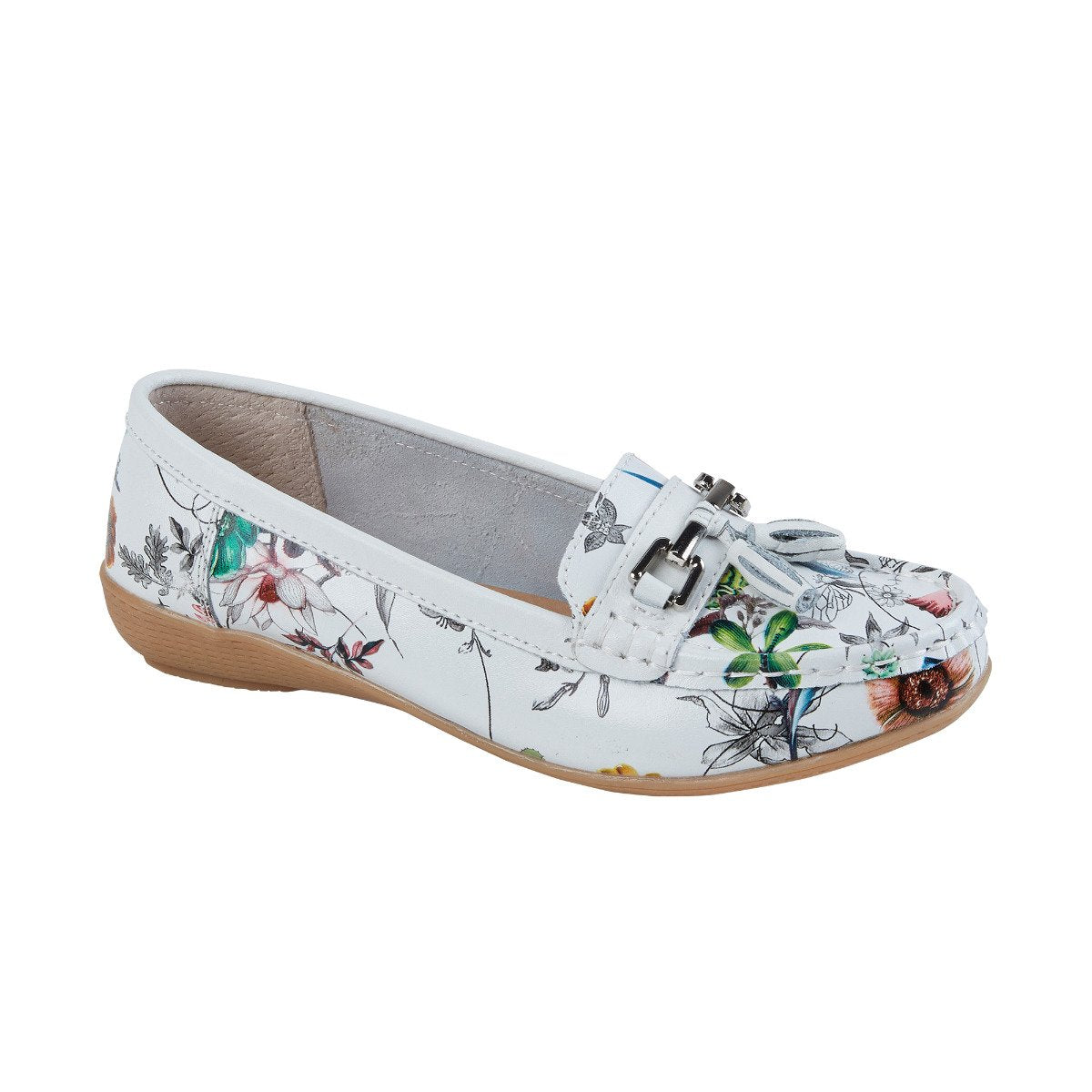 Botanical  Ladies Leather Tassel Loafers Moccasin Shoes White