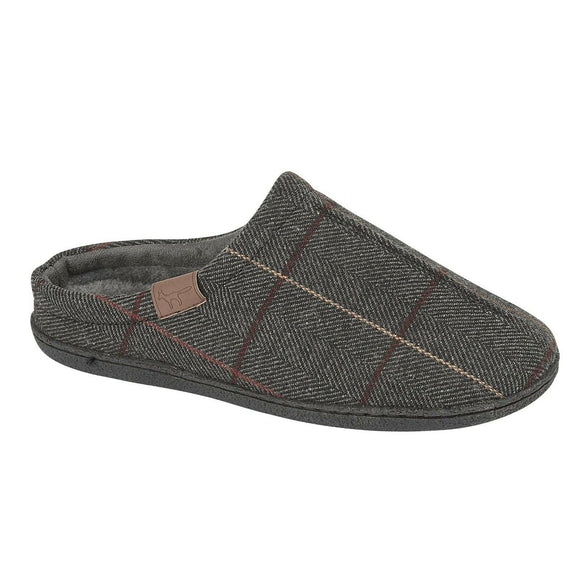 Harrison Mens tweed fleece slippers mules Dark Grey