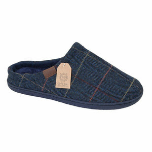 Harrison Mens tweed fleece slippers mules Navy