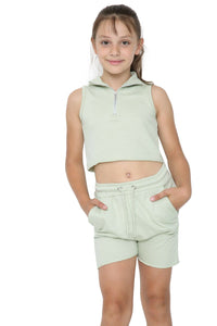 Marina Girls Zip Crop Top Summer Short Tracksuit Set Sage Green