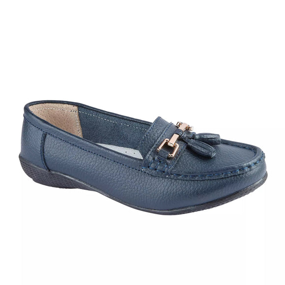 Nautical Wide Fit Series Ladies Leather Tassel Loafers Moccasin Shoes Navy