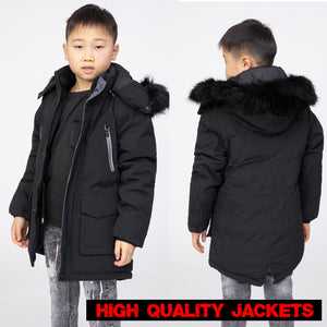 Childrens Boys Winter Parka Coat Fur Zip Pocket Hood Hooded Fleece School Jacket