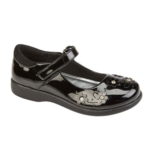 Sabrina Girls Touch Strap Diamante Floral Shoes Black Patent