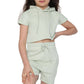 Harmony Girls Hooded Crop Top Kids Plain Summer Short Tracksuit Set Sage Green