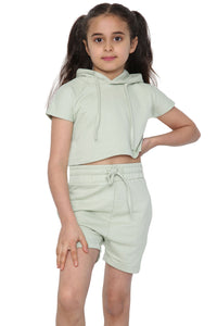 Harmony Girls Hooded Crop Top Kids Plain Summer Short Tracksuit Set Sage Green