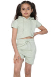 Harmony Girls Hooded Crop Top Kids Plain Summer Short Tracksuit Set Sage Green