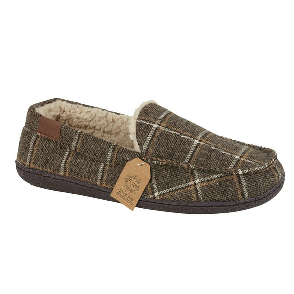 SwaleDale Mens Fleece Lined Print Winter Warm Moccasin Slipper Brown