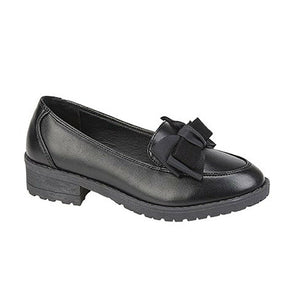 Imogen Girls Bow Details Slip On Loafers School Shoes Black PU