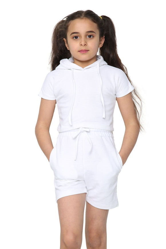 Harmony Girls Hooded Crop Top Kids Plain Summer Short Tracksuit Set Sage White