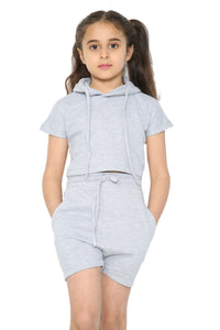 Harmony Girls Hooded Crop Top Kids Plain Summer Short Tracksuit Set Grey